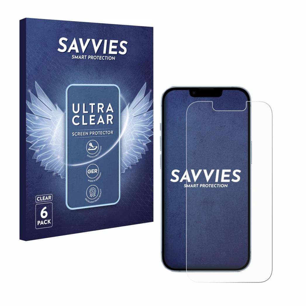 Front side of a product packaging with the brand logo Savvies. Next to it is the device Apple iPhone 14 shown with the corresp
