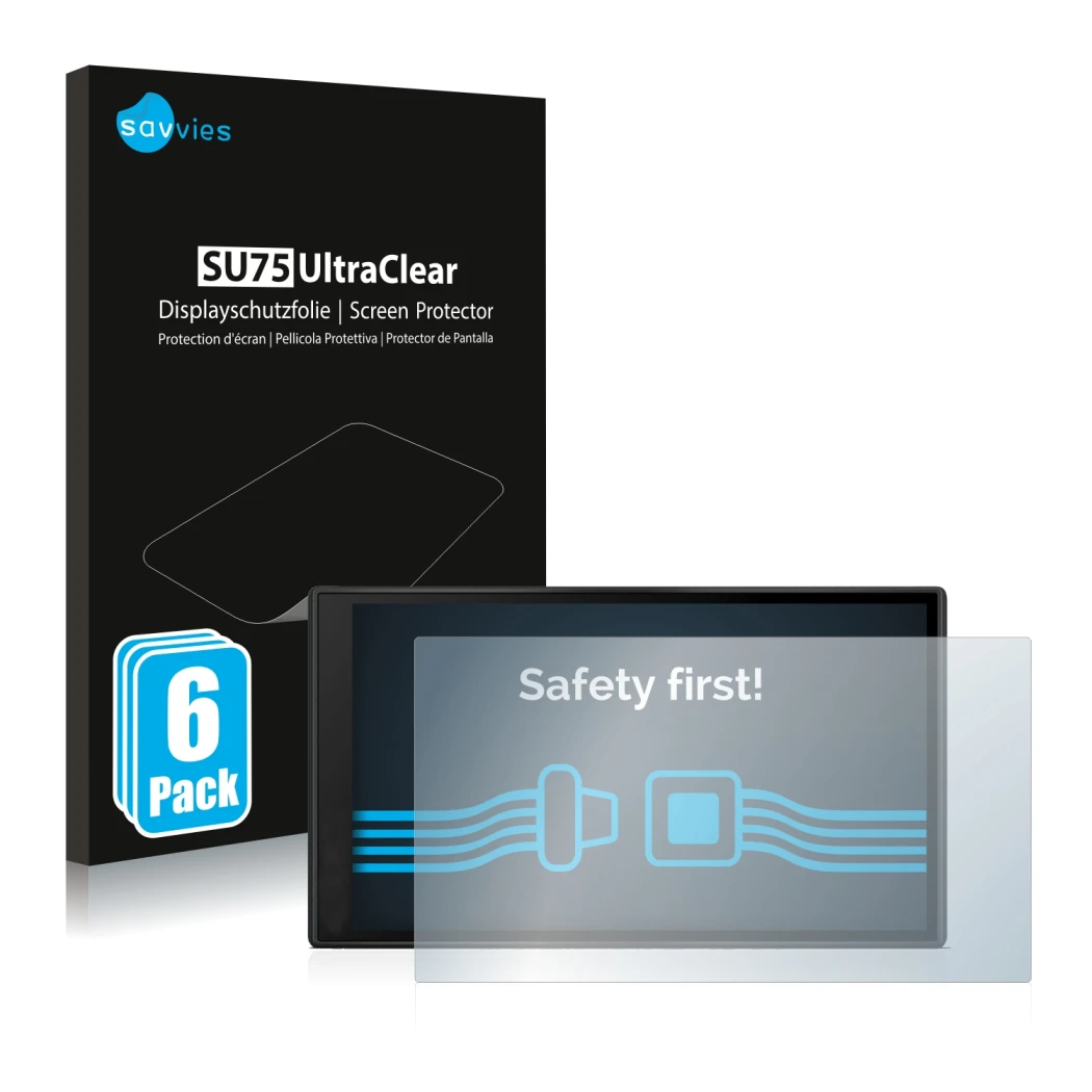 Front side of a product packaging with the brand logo Savvies. Next to it is the device Garmin DriveSmart 66 shown with the co