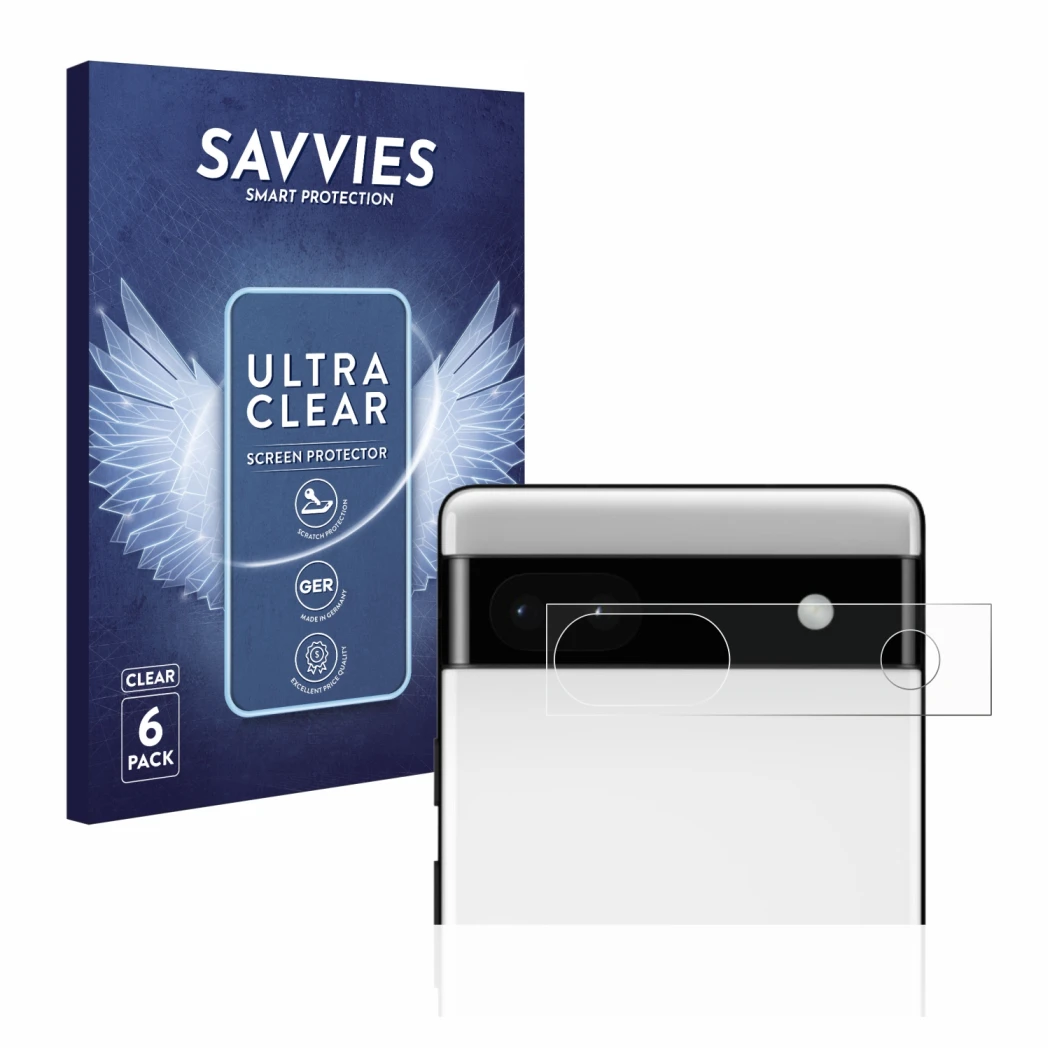 Front side of a product packaging with the brand logo Savvies. Next to it is the device Google Pixel 6a (ONLY Camera Lens) sho