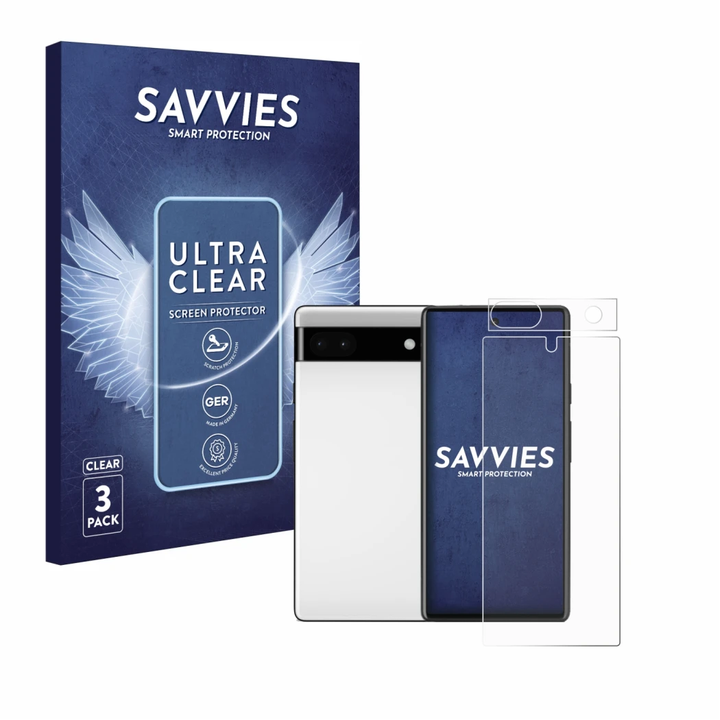 Front side of a product packaging with the brand logo Savvies. Next to it is the device Google Pixel 6a (Front+Camera) shown w