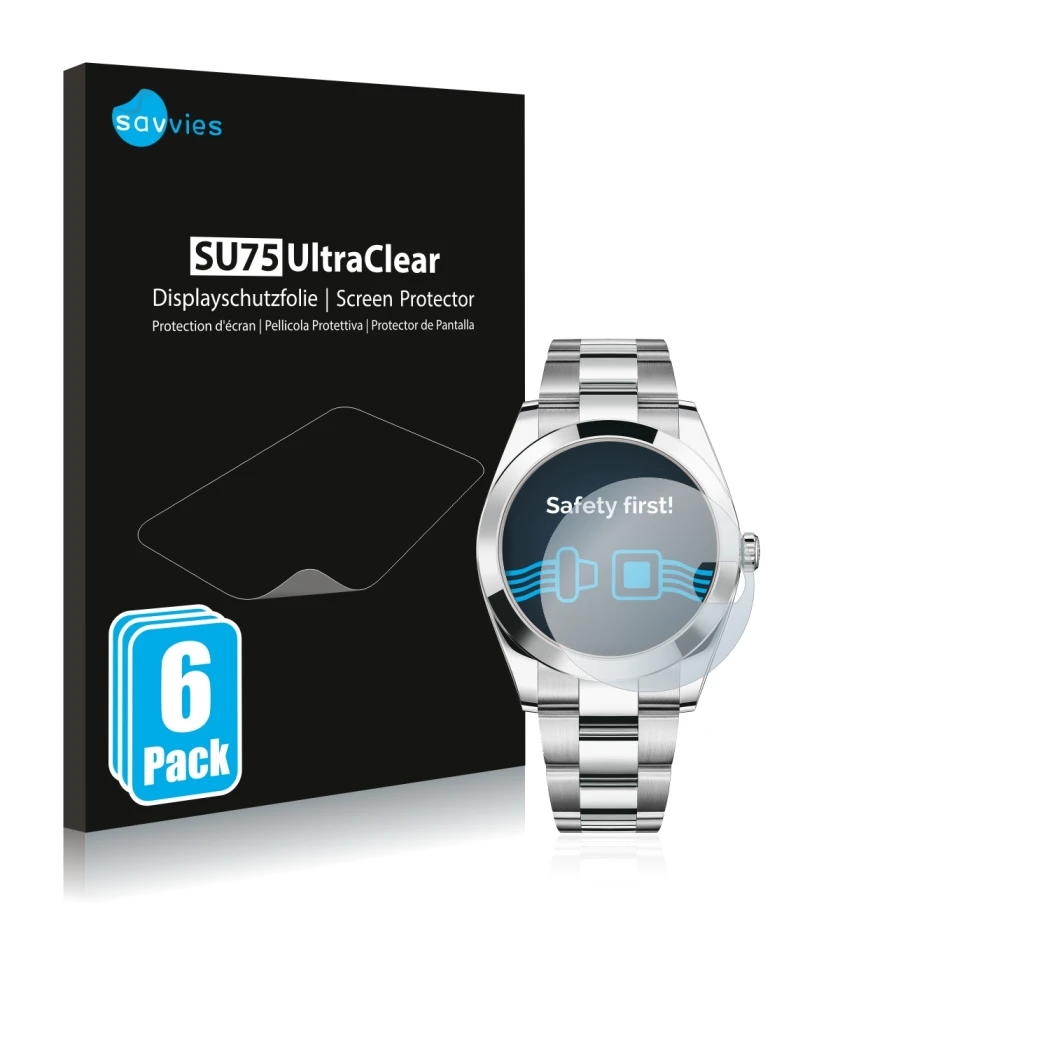 Front side of a product packaging with the brand logo Savvies. Next to it is the device Rolex Datejust 41 shown with the corre