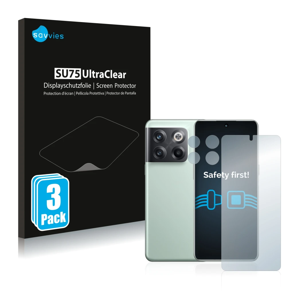 Front side of a product packaging with the brand logo Savvies. Next to it is the device OnePlus 10T 5G (Front+Camera) shown wi