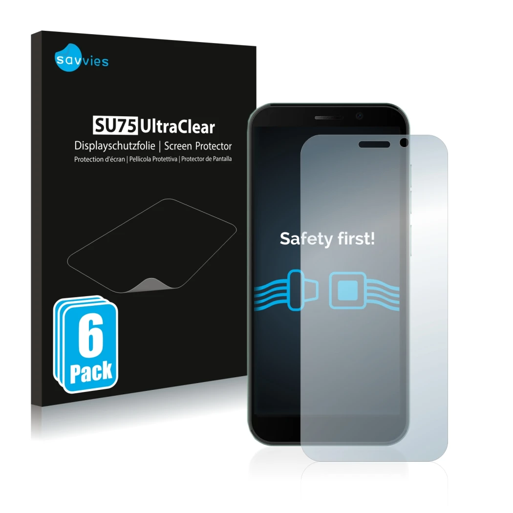 Front side of a product packaging with the brand logo Savvies. Next to it is the device Doogee X97 Pro shown with the correspo