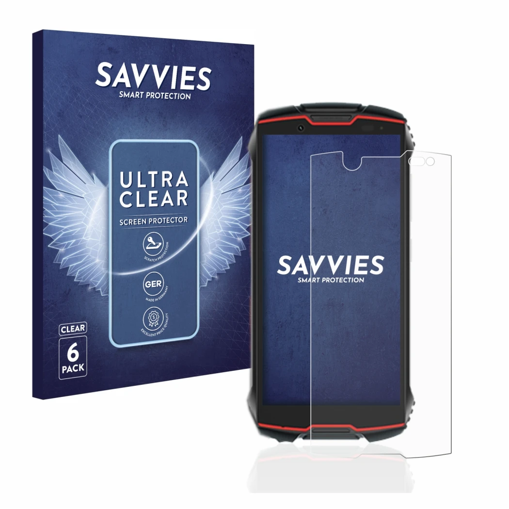 Front side of a product packaging with the brand logo Savvies. Next to it is the device Cubot King Kong Mini 2 Pro shown with 