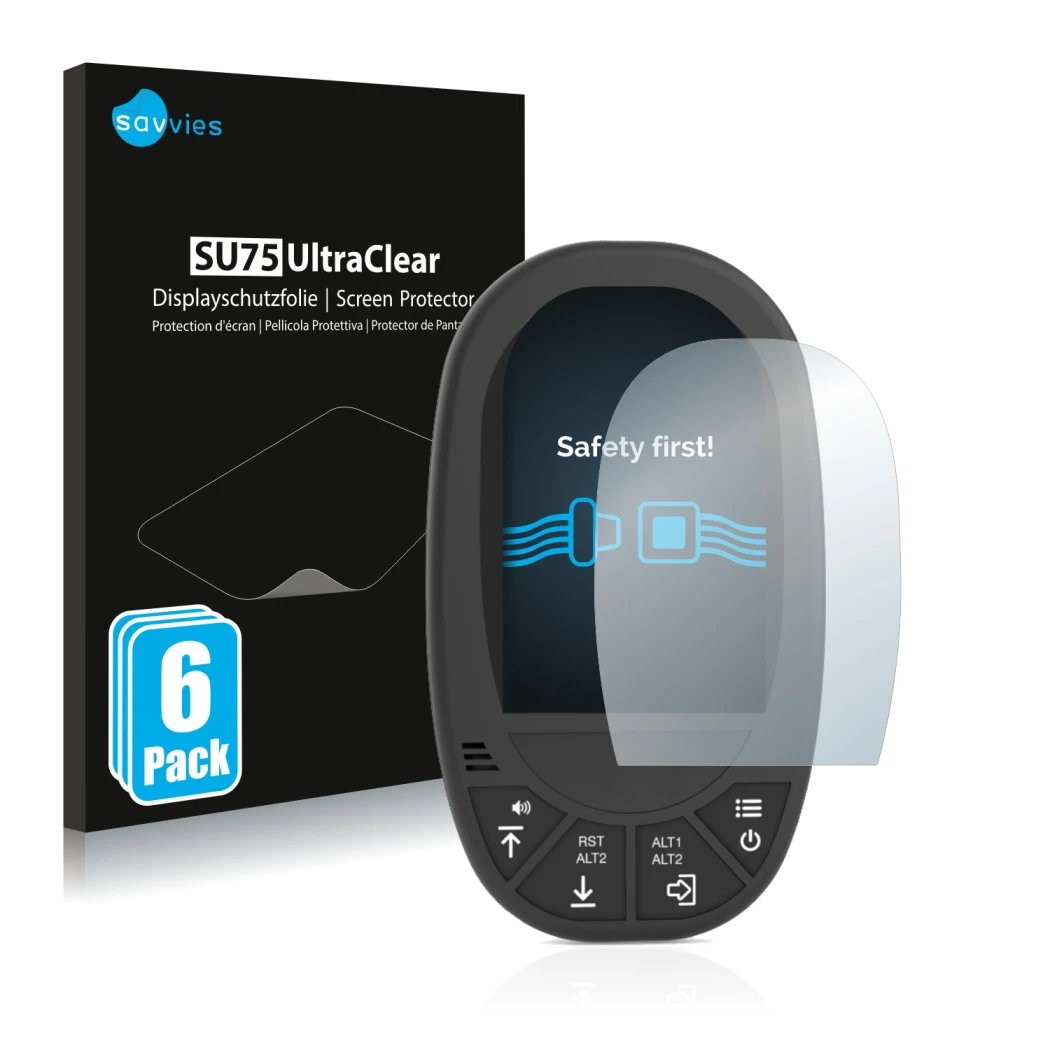 Front side of a product packaging with the brand logo Savvies. Next to it is the device Flymaster GPS LS shown with the corres