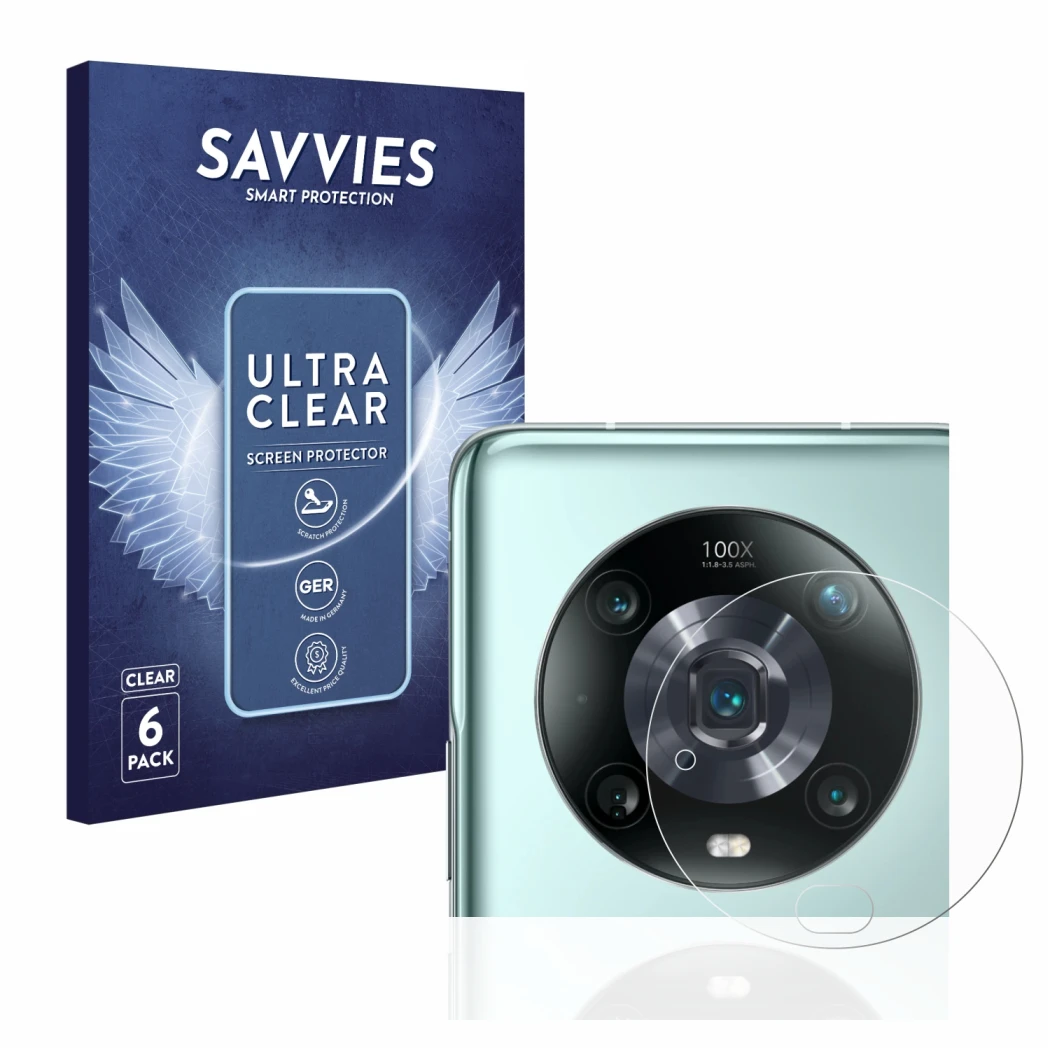 Front side of a product packaging with the brand logo Savvies. Next to it is the device Honor Magic 4 Pro (ONLY Camera Lens) s