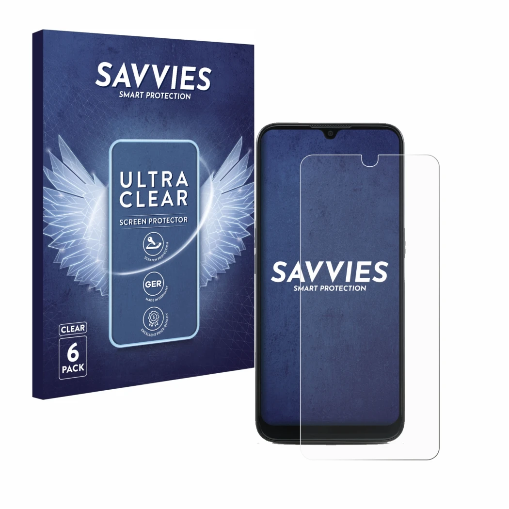 Front side of a product packaging with the brand logo Savvies. Next to it is the device Doro 8100 shown with the corresponding