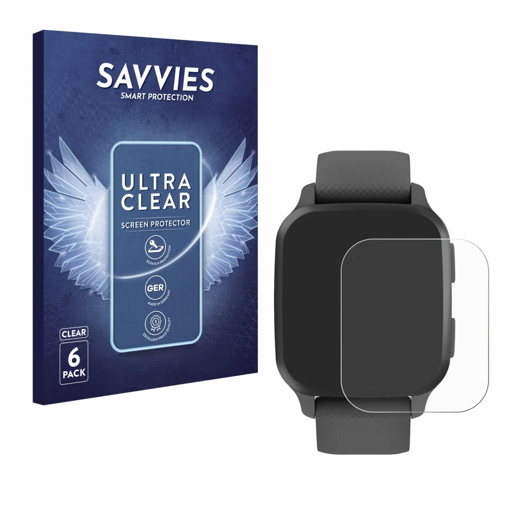 Front side of a product packaging with the brand logo Savvies. Next to it is the device Garmin Venu Sq 2 shown with the corres