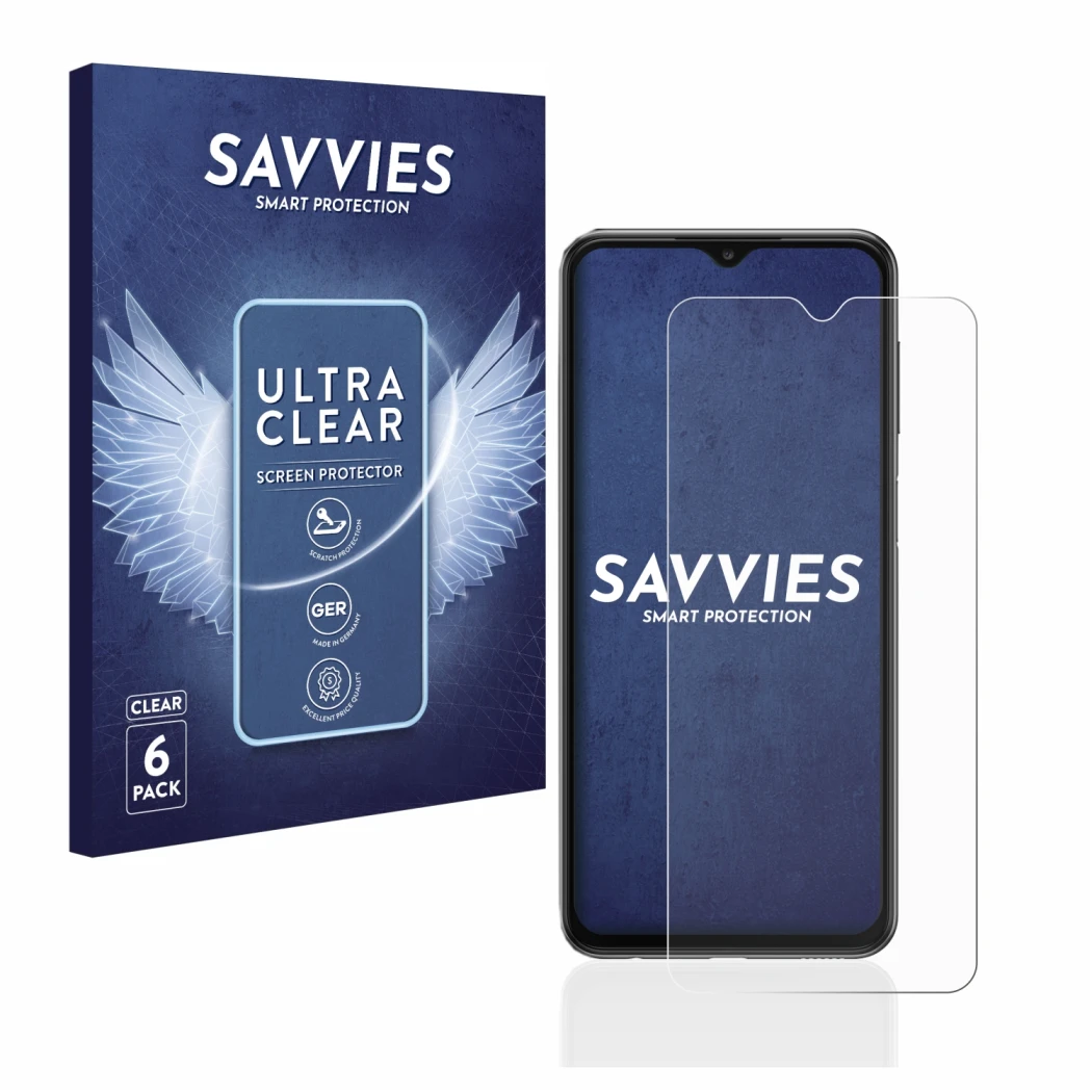 Front side of a product packaging with the brand logo Savvies. Next to it is the device Samsung Galaxy A23 5G shown with the c