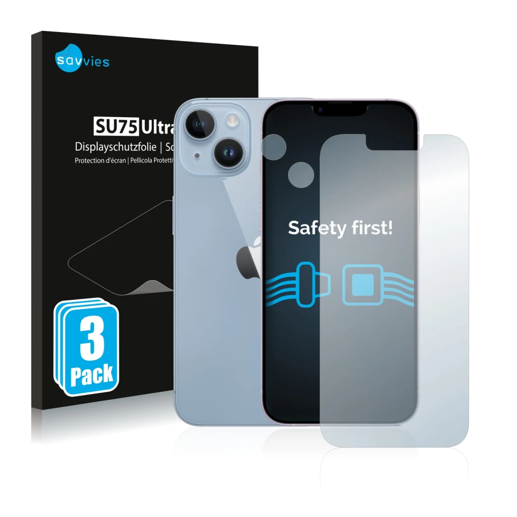 Front side of a product packaging with the brand logo Savvies. Next to it is the device Apple iPhone 14 (Front+Camera) shown w