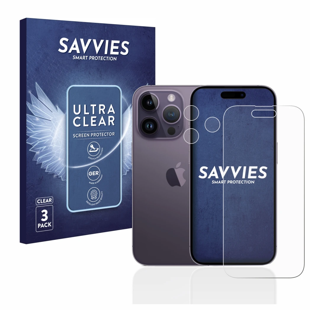 Front side of a product packaging with the brand logo Savvies. Next to it is the device Apple iPhone 14 Pro (Front+Camera) sho