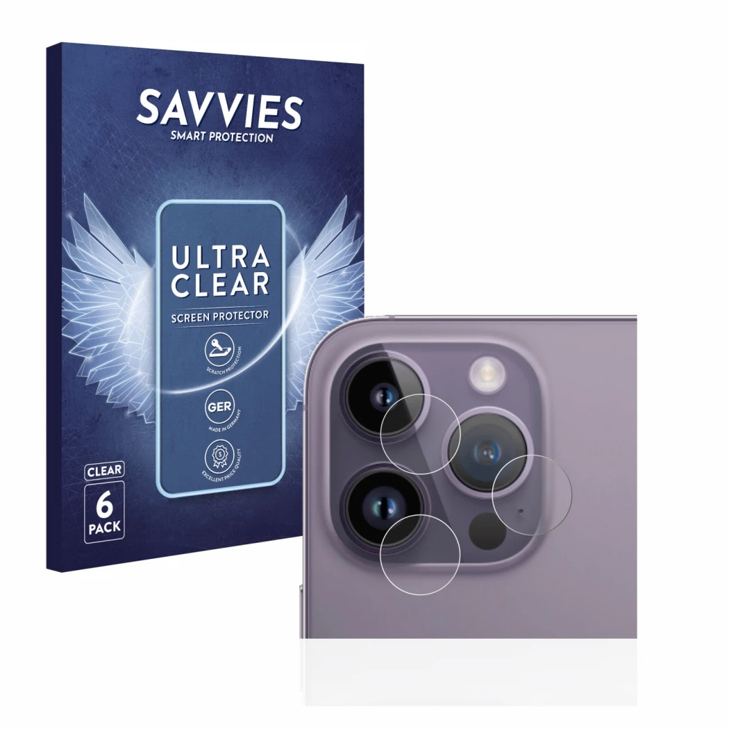 Front side of a product packaging with the brand logo Savvies. Next to it is the device Apple iPhone 14 Pro Max (ONLY Camera L