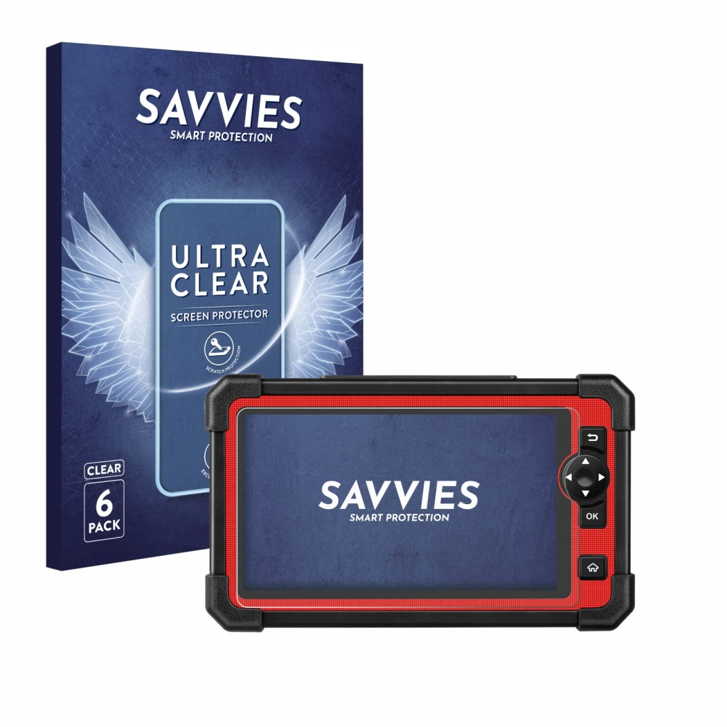 Front side of a product packaging with the brand logo Savvies. Next to it is the device Launch X-431 CRP919E shown with the co