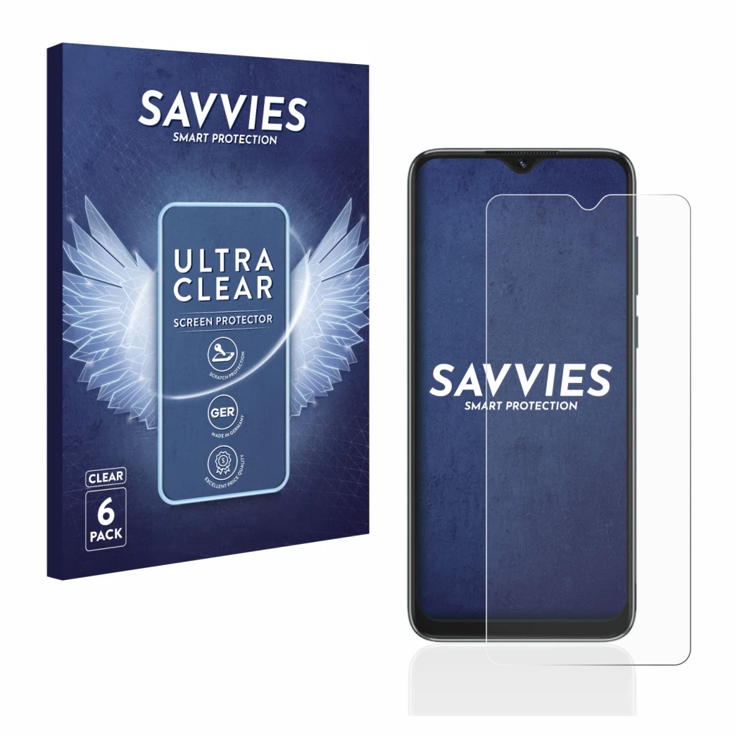 Front side of a product packaging with the brand logo Savvies. Next to it is the device Blackview A55 shown with the correspon