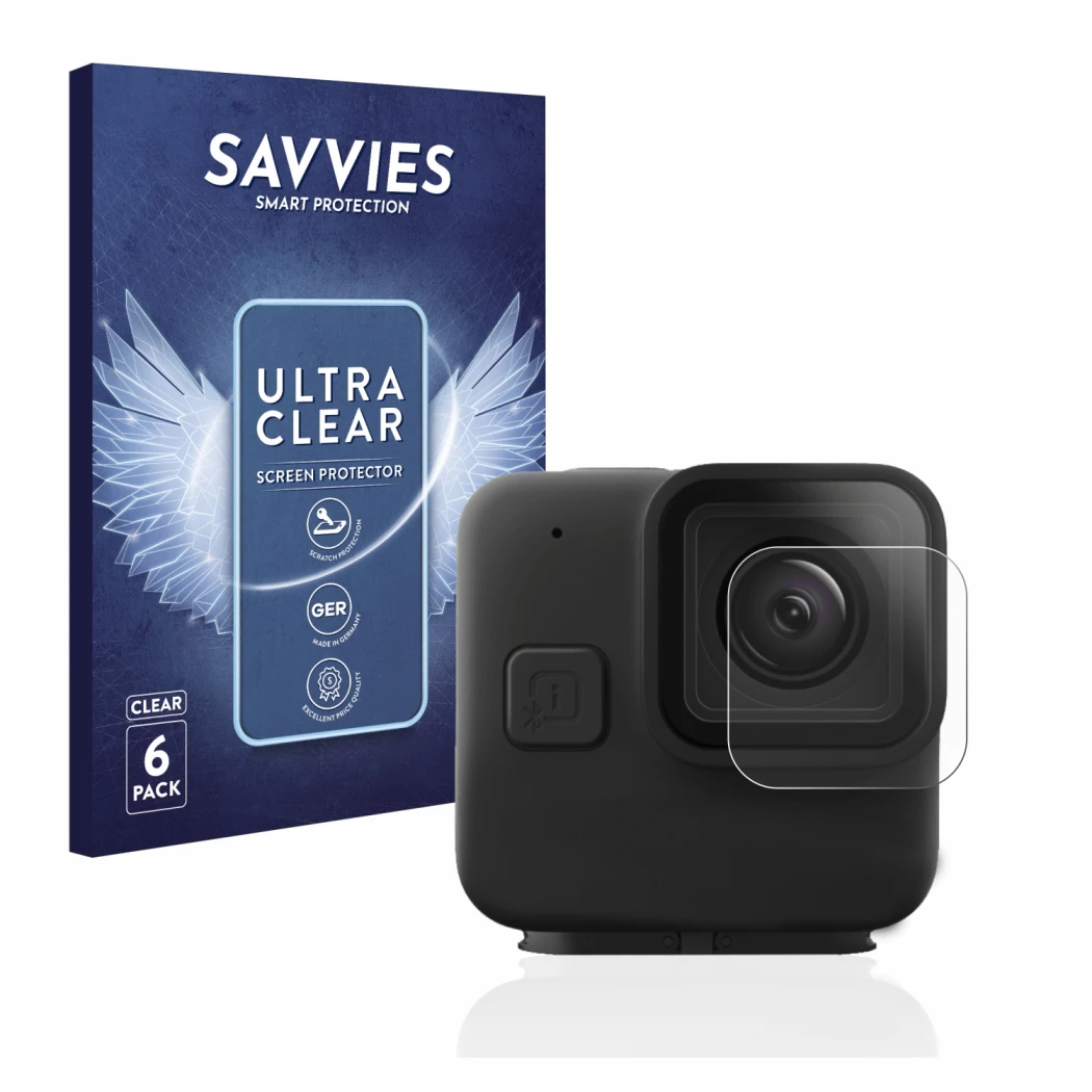 Front side of a product packaging with the brand logo Savvies. Next to it is the device GoPro Hero 11 mini Lens (housing) show
