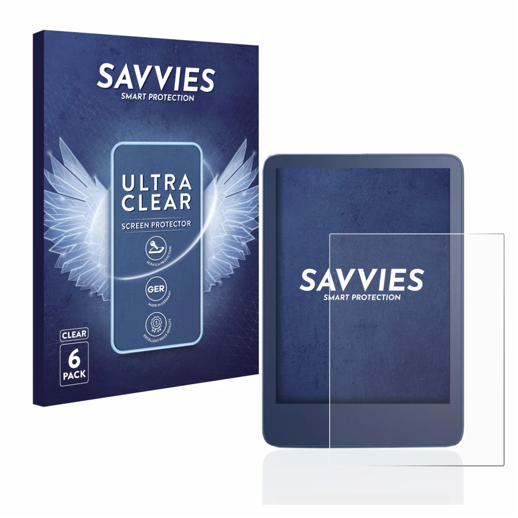 Front side of a product packaging with the brand logo Savvies. Next to it is the device Amazon Kindle Reader 2022 shown with t