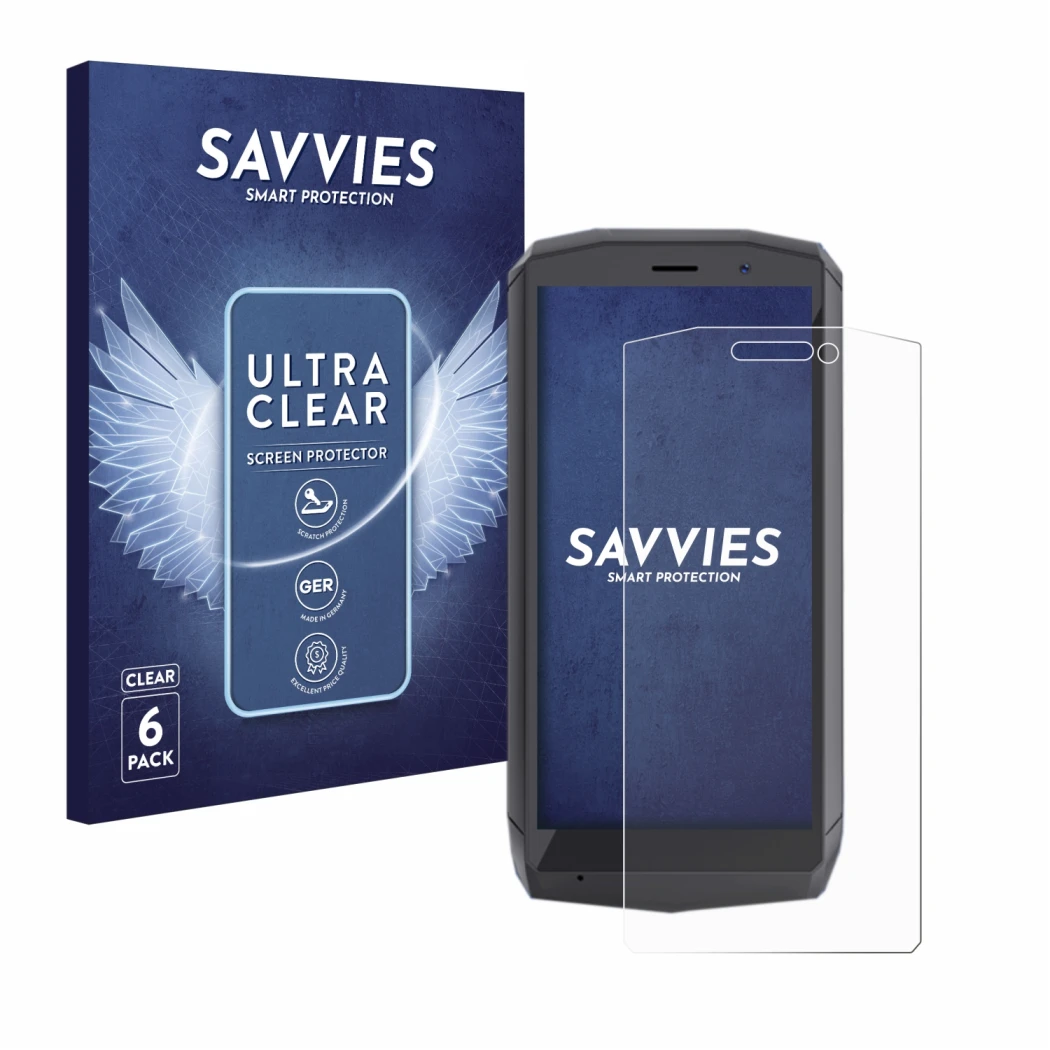 Front side of a product packaging with the brand logo Savvies. Next to it is the device Cubot Pocket shown with the correspond