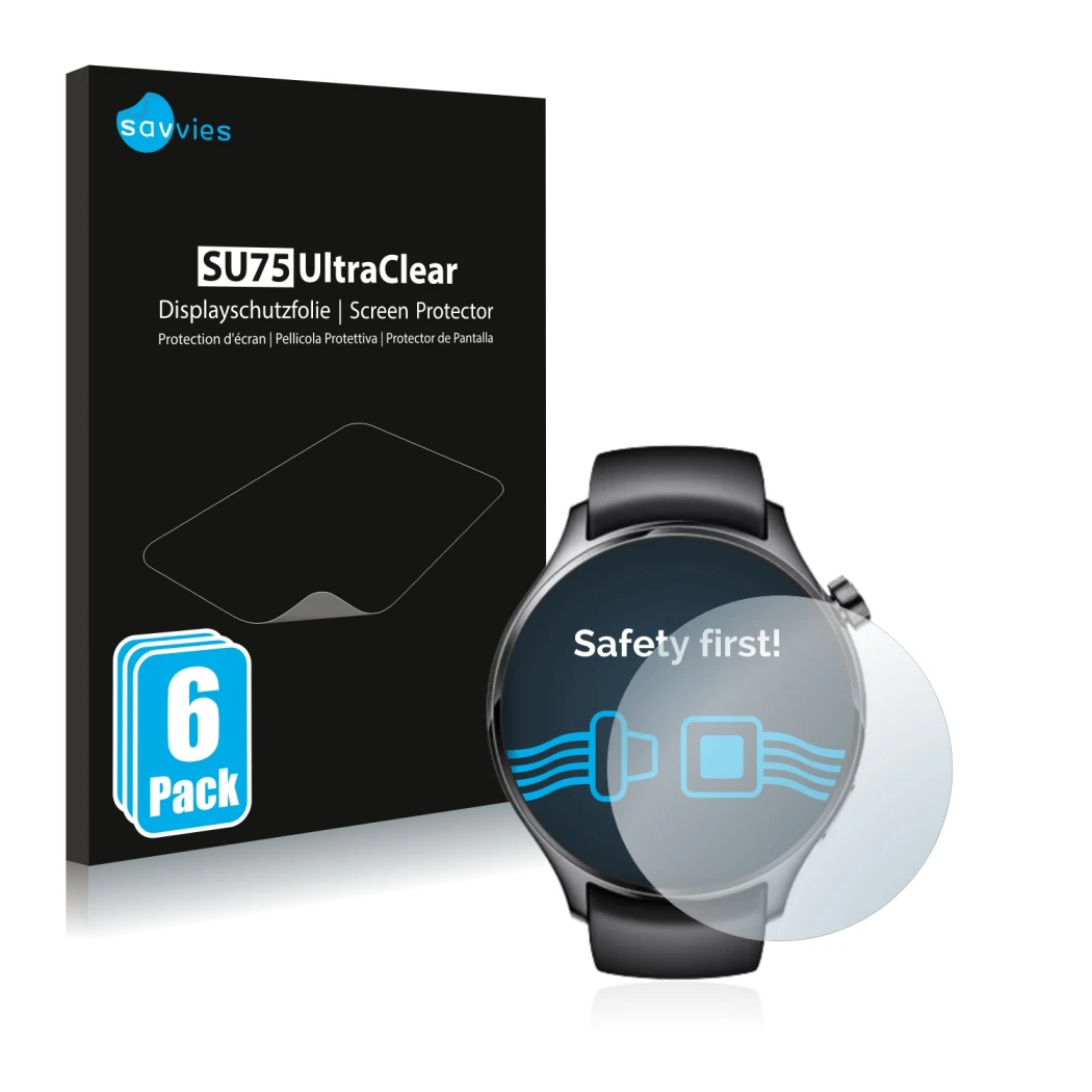 Front side of a product packaging with the brand logo Savvies. Next to it is the device Xiaomi Watch S1 Pro shown with the cor