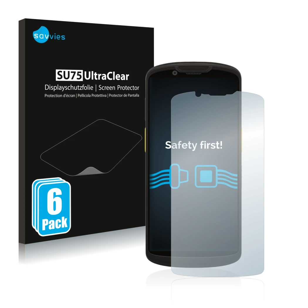 Front side of a product packaging with the brand logo Savvies. Next to it is the device Zebra TC58 shown with the correspondin