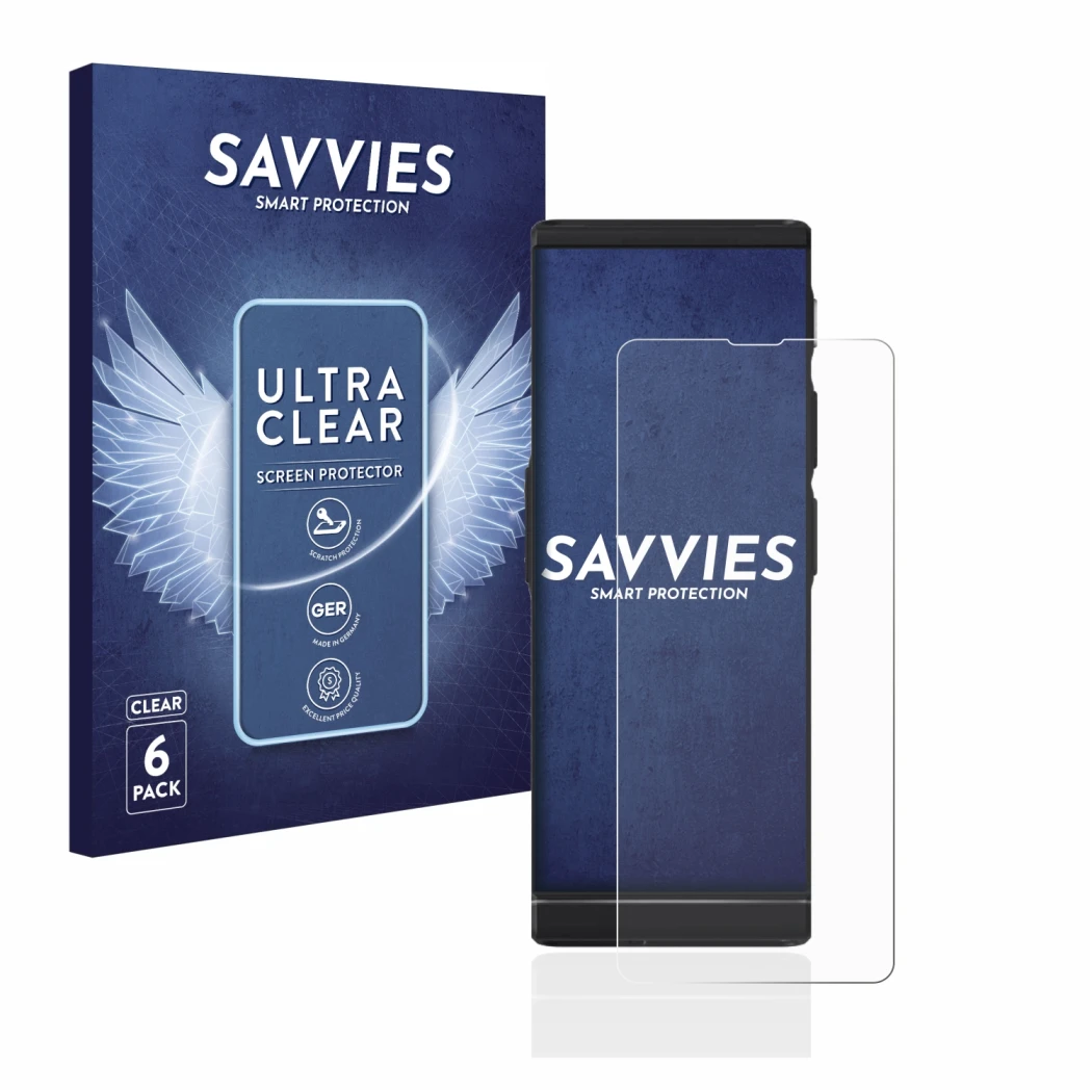 Front side of a product packaging with the brand logo Savvies. Next to it is the device Vasco Translator V4 shown with the cor