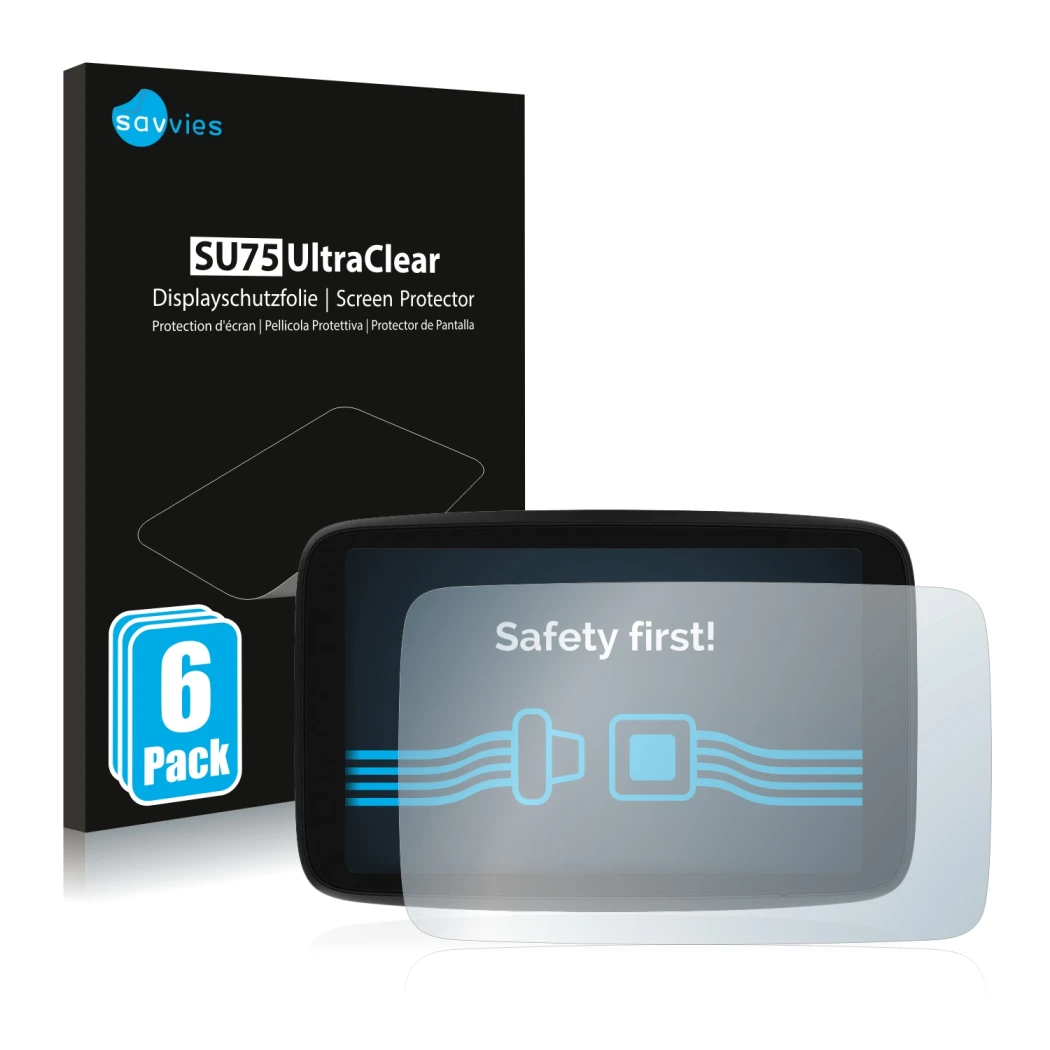 Front side of a product packaging with the brand logo Savvies. Next to it is the device TomTom GO Camper Max shown with the co