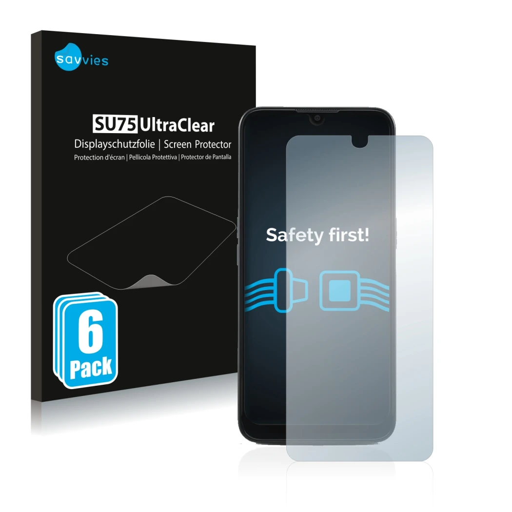 Front side of a product packaging with the brand logo Savvies. Next to it is the device Doro 8100 PLUS shown with the correspo