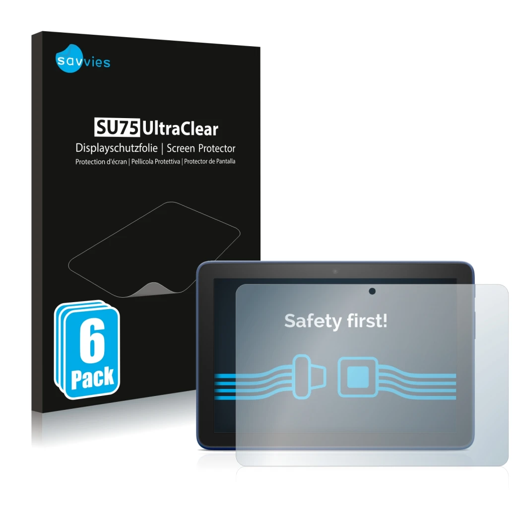 Front side of a product packaging with the brand logo Savvies. Next to it is the device Amazon Fire HD 8 Plus 2022 shown with 