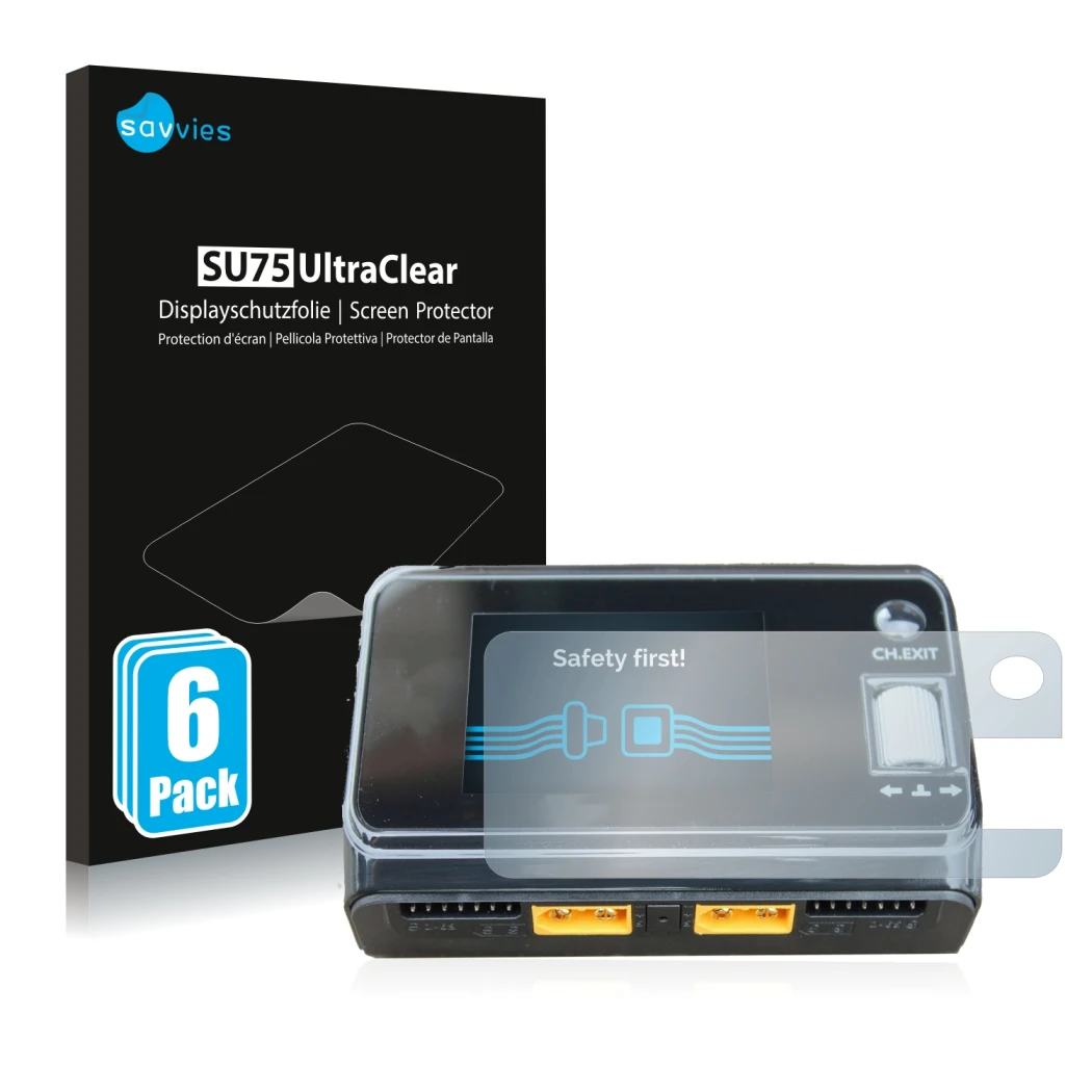 Front side of a product packaging with the brand logo Savvies. Next to it is the device ToolkitRC M6D Dual Charger shown with 