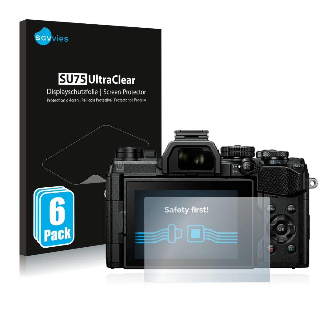 Front side of a product packaging with the brand logo Savvies. Next to it is the device Olympus OM System OM-5 shown with the 