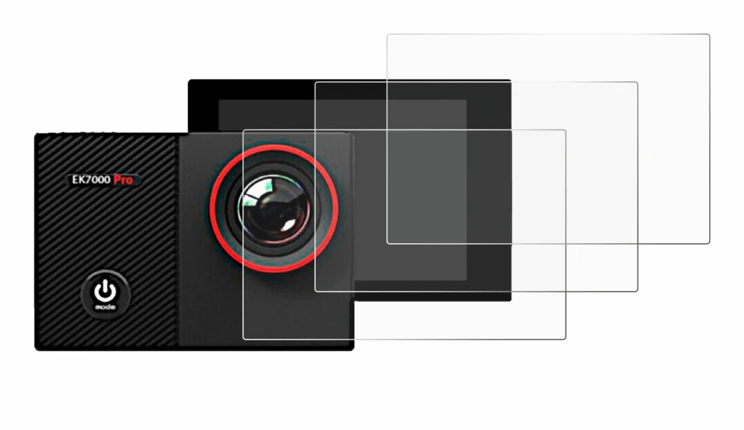 Image of the device Akaso EK7000 Pro with a wide variety of screen protectors.