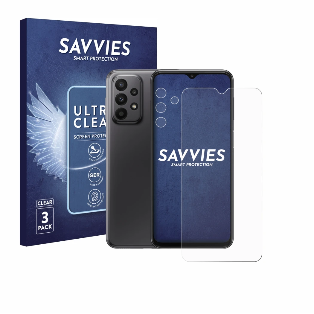 Front side of a product packaging with the brand logo Savvies. Next to it is the device Samsung Galaxy A23 5G (Front+Camera) s