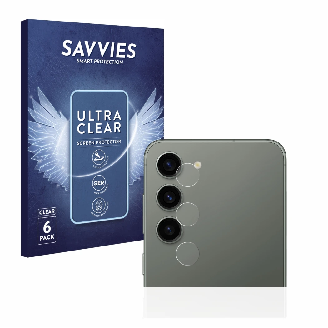 Front side of a product packaging with the brand logo Savvies. Next to it is the device Samsung Galaxy S23 (ONLY Camera Lens) 