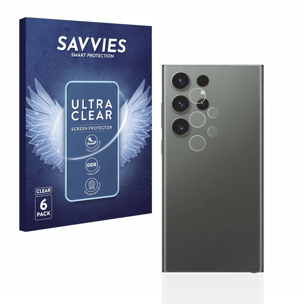 Front side of a product packaging with the brand logo Savvies. Next to it is the device Samsung Galaxy S23 Ultra (ONLY Camera 