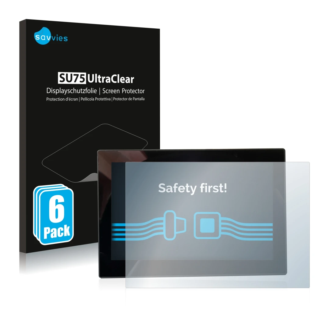 Front side of a product packaging with the brand logo Savvies. Next to it is the device MG 4 7-Zoll Digitales Instrumentendisp