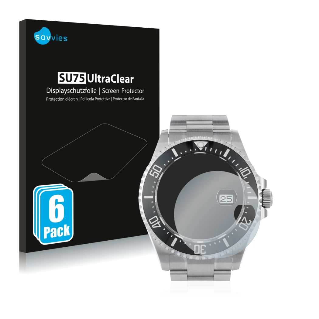 Front side of a product packaging with the brand logo Savvies. Next to it is the device Rolex Sea-Dweller 43mm (Date) shown wi