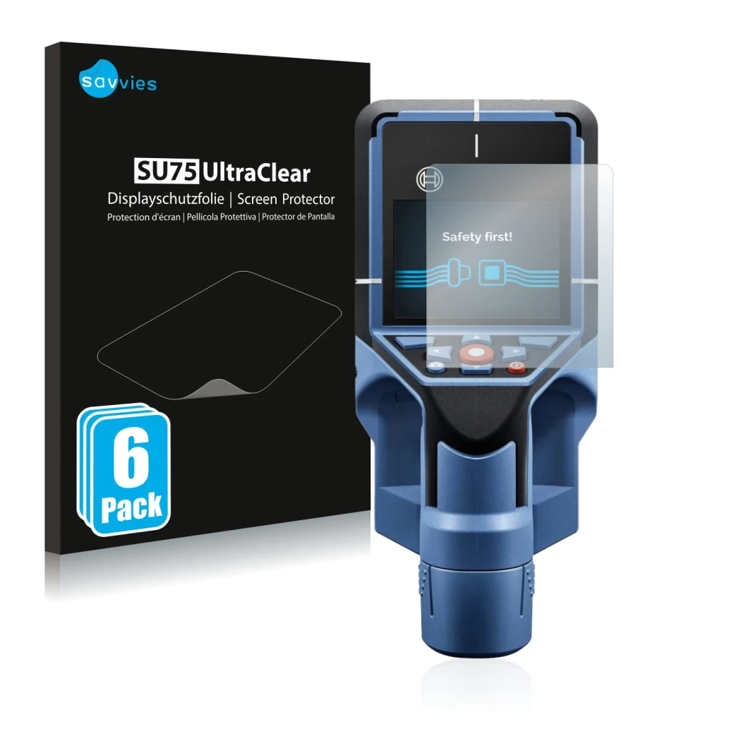 Front side of a product packaging with the brand logo Savvies. Next to it is the device Bosch D-tect 200 C Wallscanner shown w