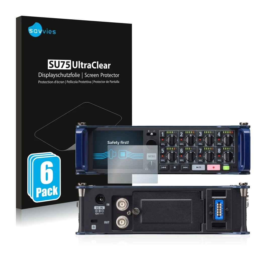 Front side of a product packaging with the brand logo Savvies. Next to it is the device Zoom F8 field recorder shown with the 