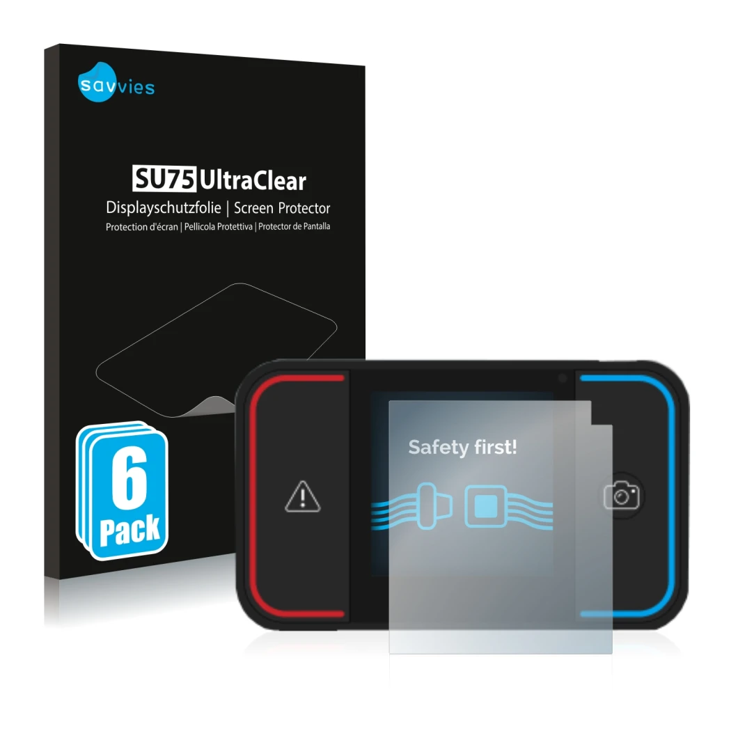 Front side of a product packaging with the brand logo Savvies. Next to it is the device Saphe Drive Pro shown with the corresp