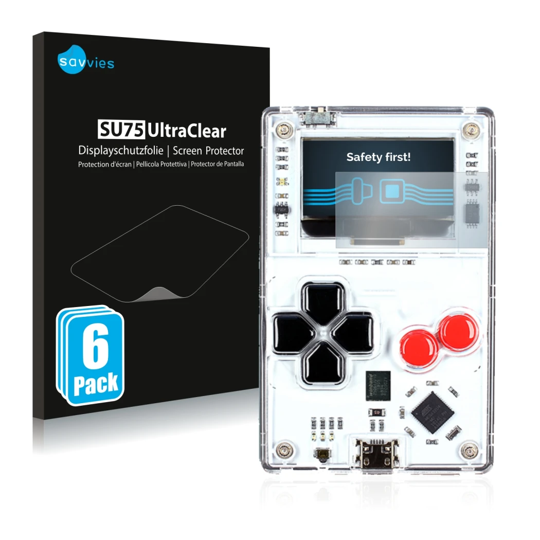 Front side of a product packaging with the brand logo Savvies. Next to it is the device Arduboy FX shown with the correspondin