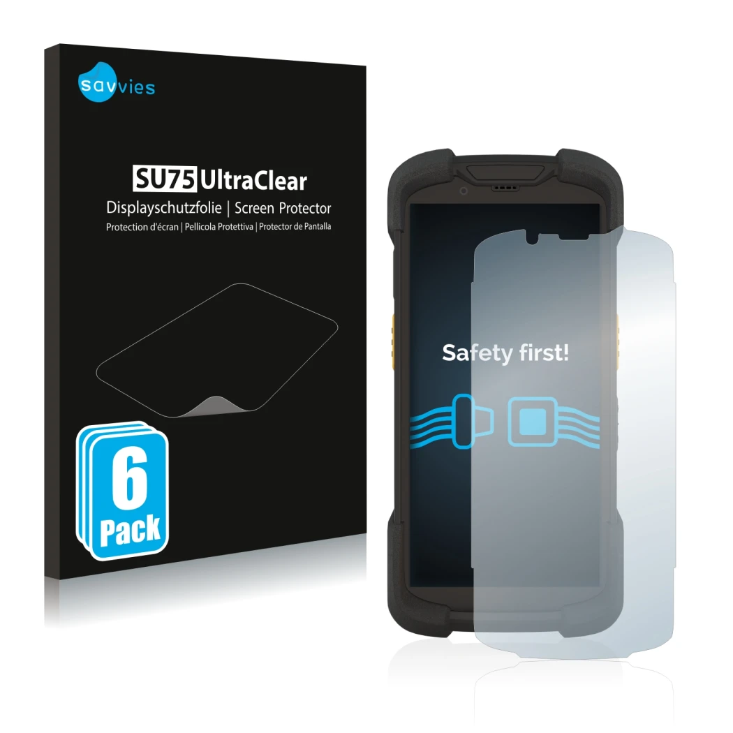 Front side of a product packaging with the brand logo Savvies. Next to it is the device Zebra TC73 shown with the correspondin