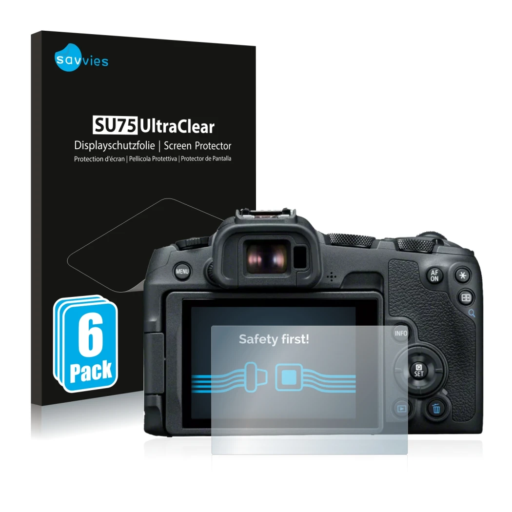 Front side of a product packaging with the brand logo Savvies. Next to it is the device Canon EOS R8 shown with the correspond
