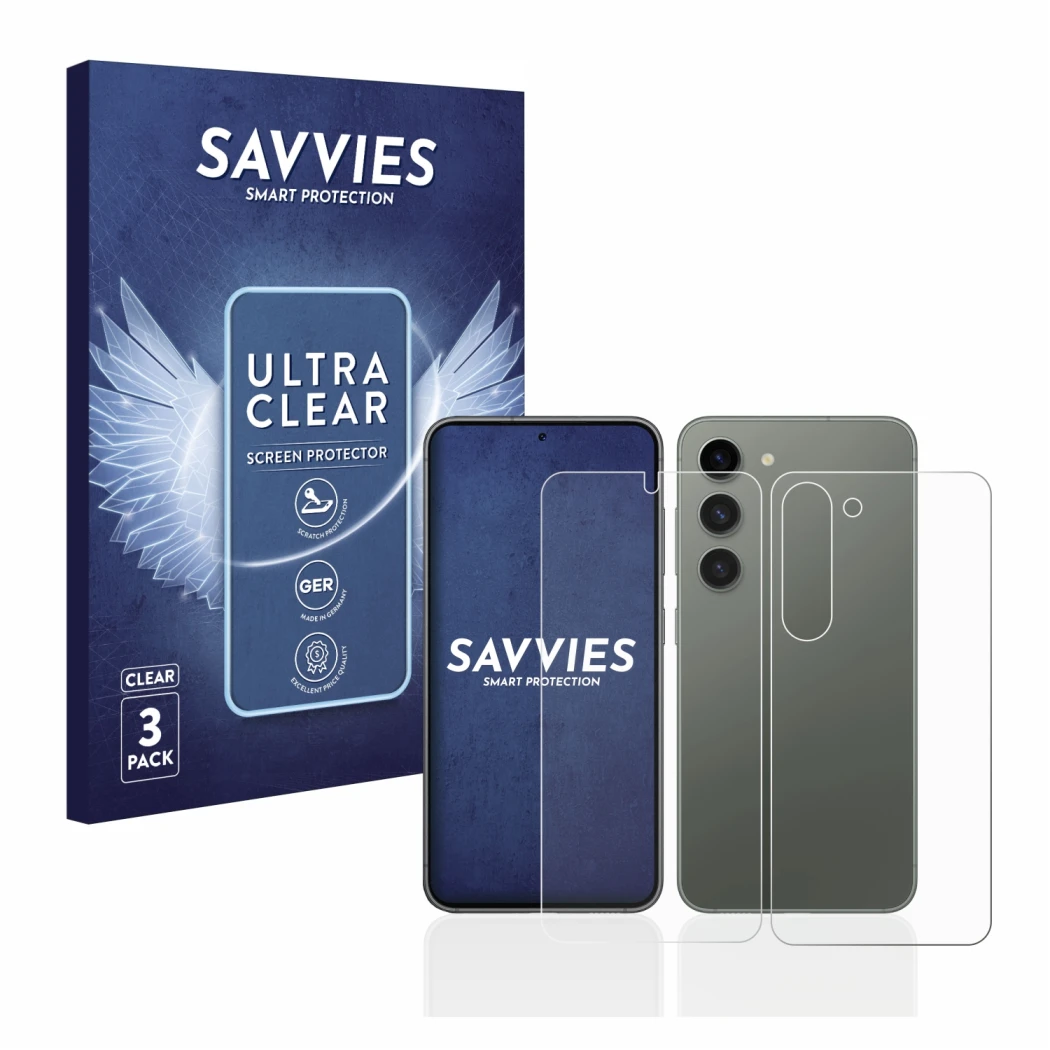 Front side of a product packaging with the brand logo Savvies. Next to it is the device Samsung Galaxy S23 (Front+Back) shown 