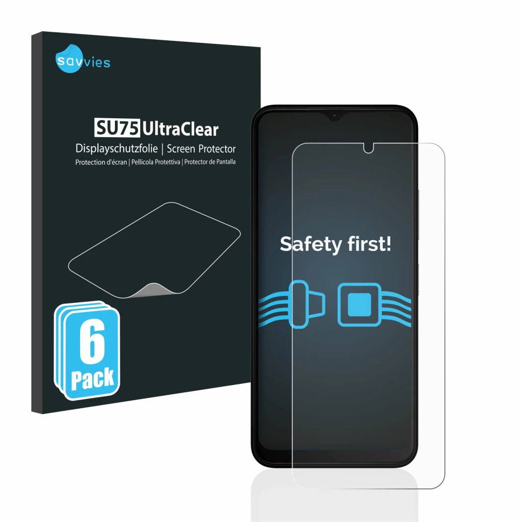 Front side of a product packaging with the brand logo Savvies. Next to it is the device Nokia C32 shown with the corresponding