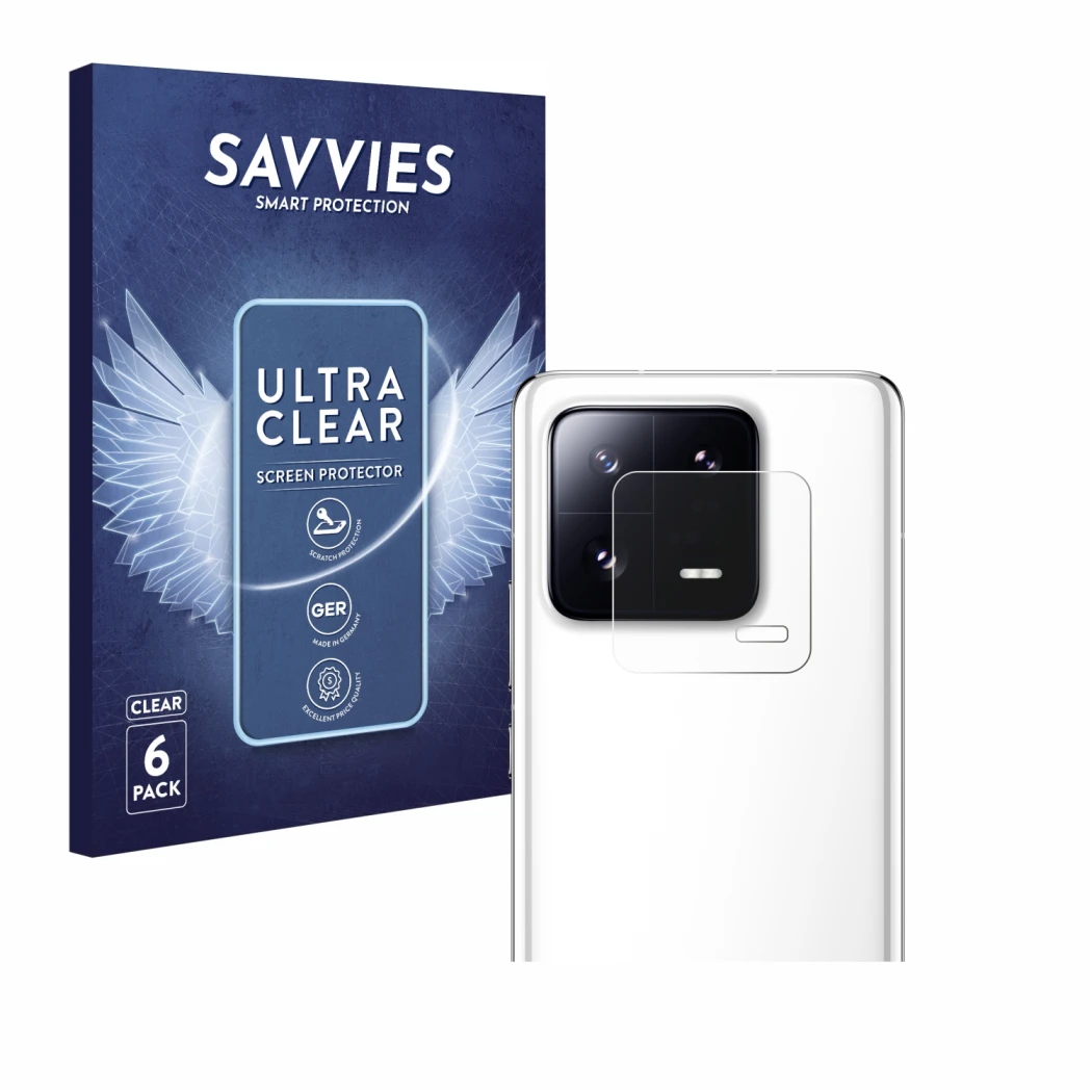 Front side of a product packaging with the brand logo Savvies. Next to it is the device Xiaomi 13 Pro (ONLY Camera Lens) shown