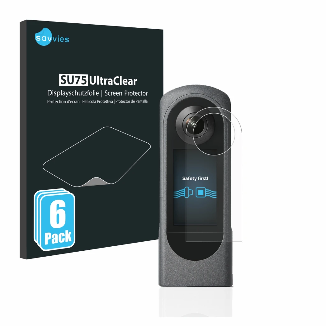 Front side of a product packaging with the brand logo Savvies. Next to it is the device Ricoh Theta X shown with the correspon