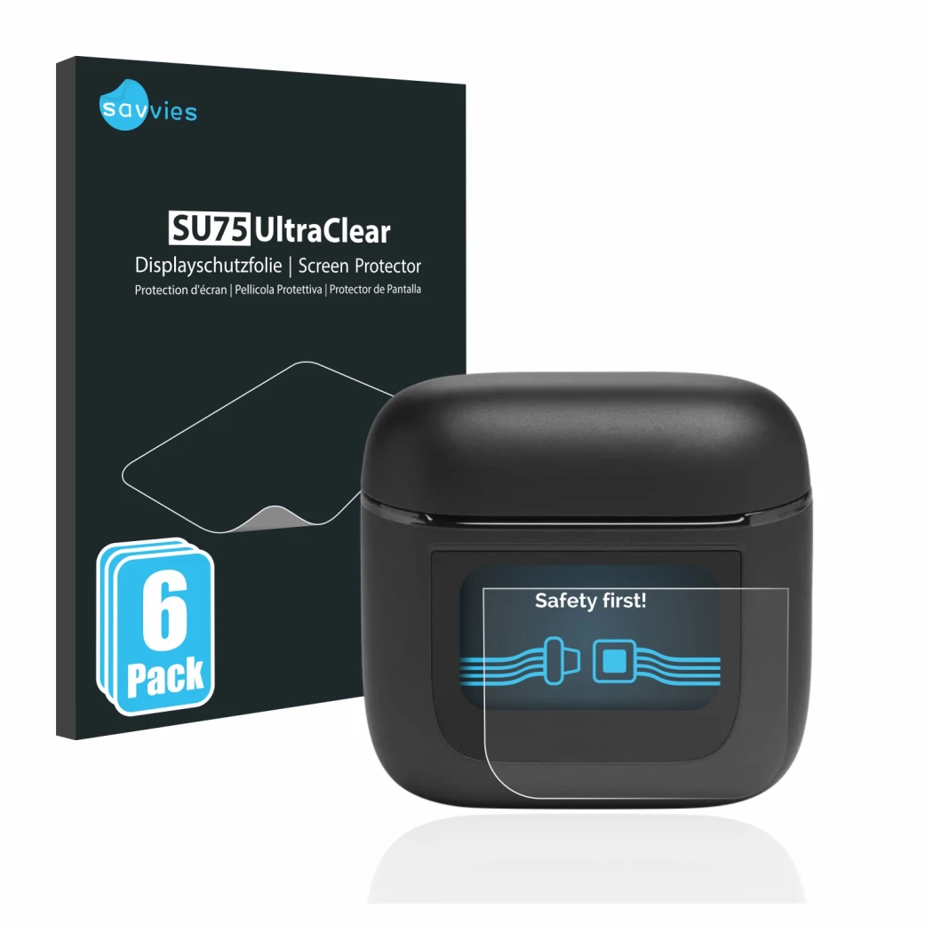 Front side of a product packaging with the brand logo Savvies. Next to it is the device JBL Tour Pro 2 shown with the correspo