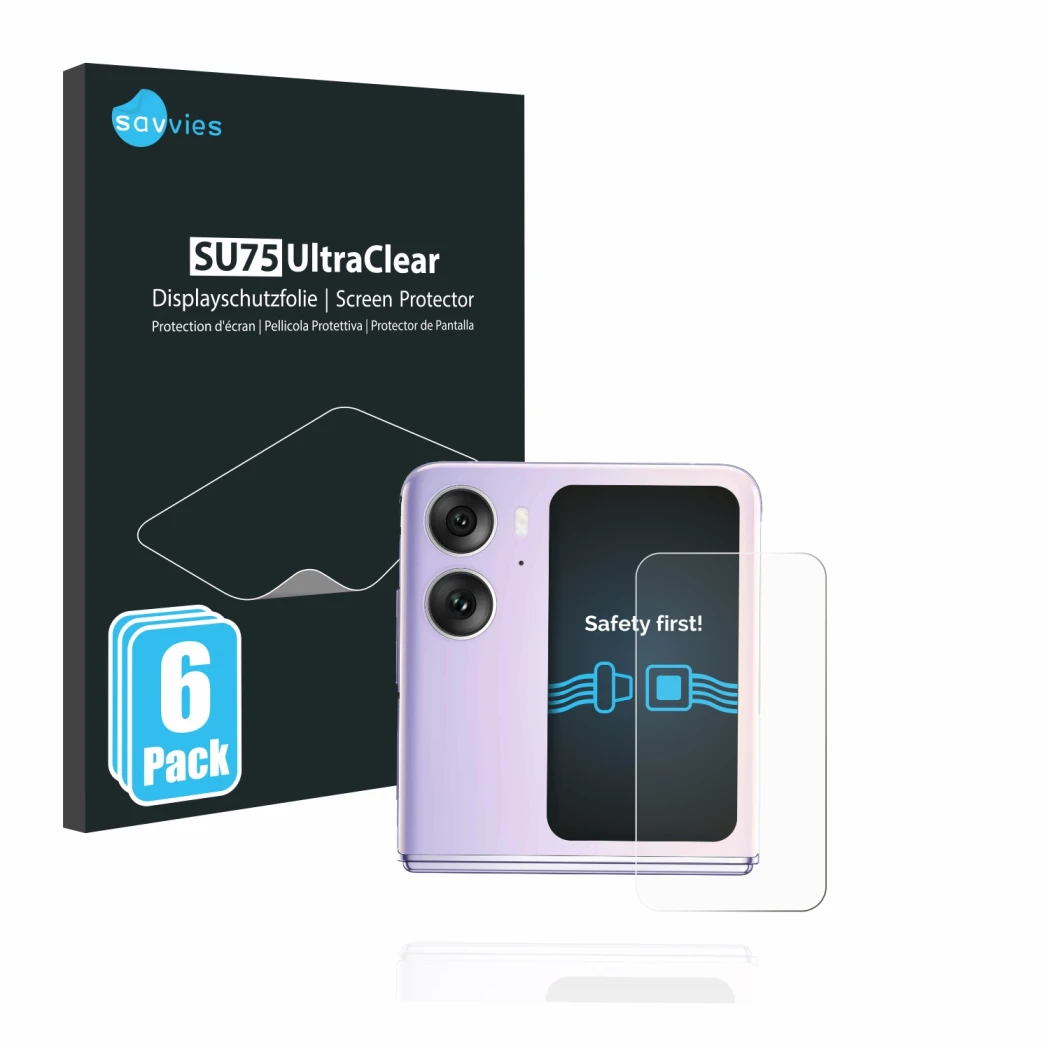 Front side of a product packaging with the brand logo Savvies. Next to it is the device Oppo Find N2 Flip (Back display) shown