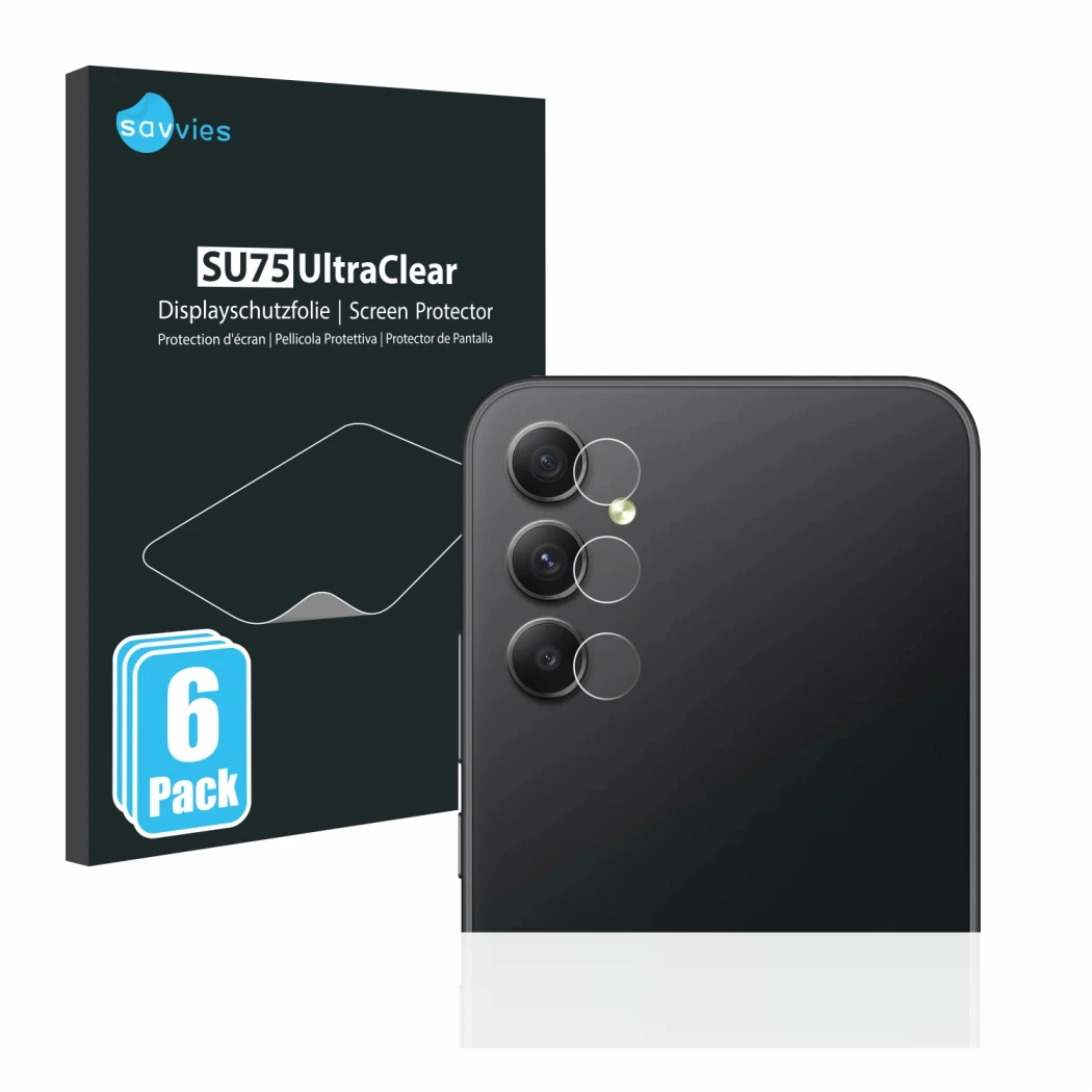 Front side of a product packaging with the brand logo Savvies. Next to it is the device Samsung Galaxy A34 5G (ONLY Camera Len