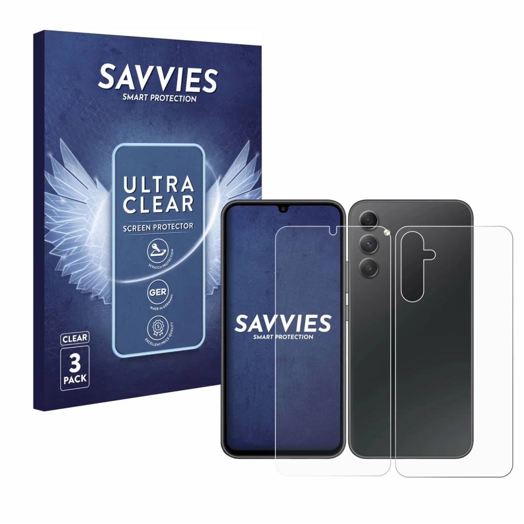 Front side of a product packaging with the brand logo Savvies. Next to it is the device Samsung Galaxy A34 5G (Front+Back) sho