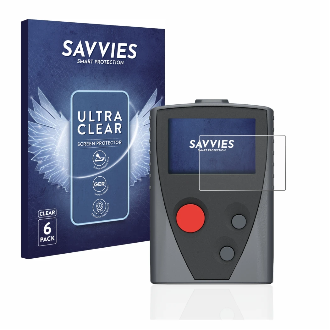 Front side of a product packaging with the brand logo Savvies. Next to it is the device Swissphone Boss 935 shown with the cor